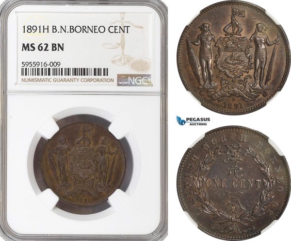 AG785, British North Borneo, 1 Cent 1891-H, Heaton, NGC MS62BN