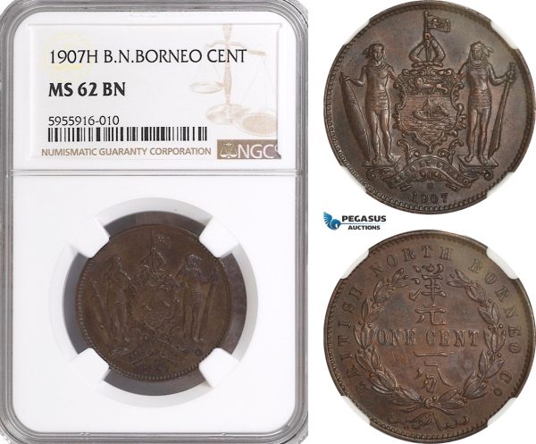 AG786, British North Borneo, 1 Cent 1907-H, Heaton, NGC MS62BN