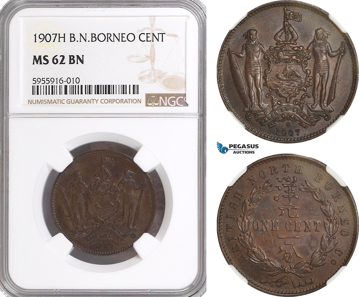 AG786, British North Borneo, 1 Cent 1907-H, Heaton, NGC MS62BN