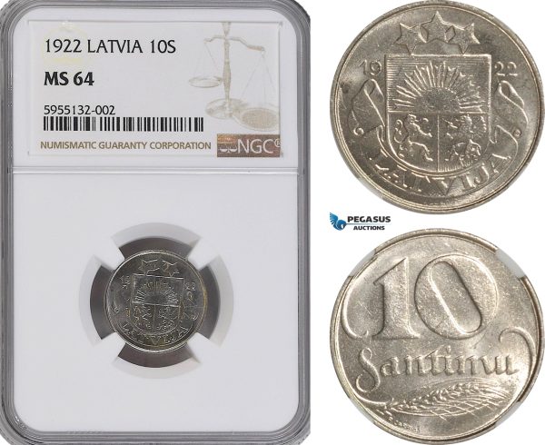 AG797, Latvia, 10 Santimi 1922, NGC MS64