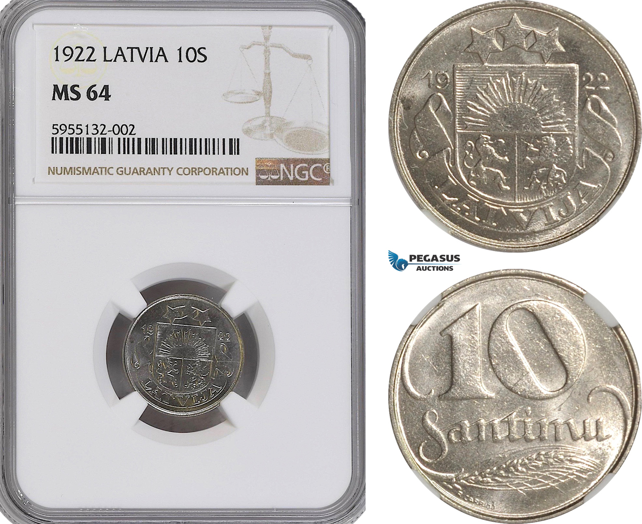 AG797, Latvia, 10 Santimi 1922, NGC MS64