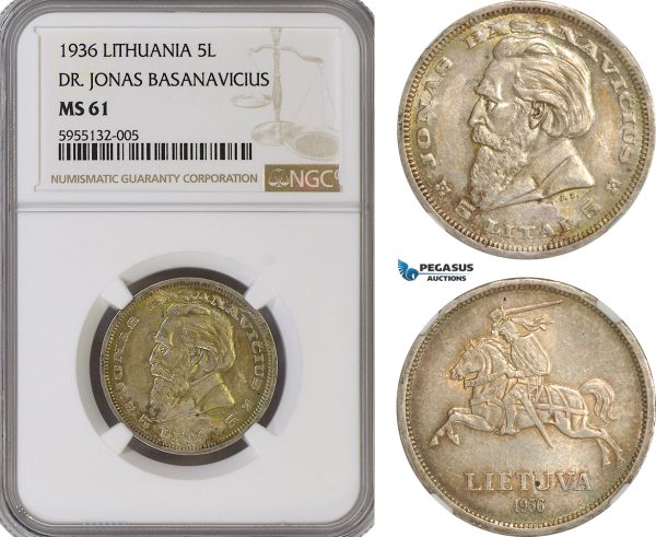 AG799, Lithuania, 5 Litai 1936, Silver "Dr. Jonas Basanavicius" NGC MS61