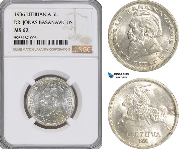 AG800, Lithuania, 5 Litai 1936, Silver "Dr. Jonas Basanavicius" NGC MS62
