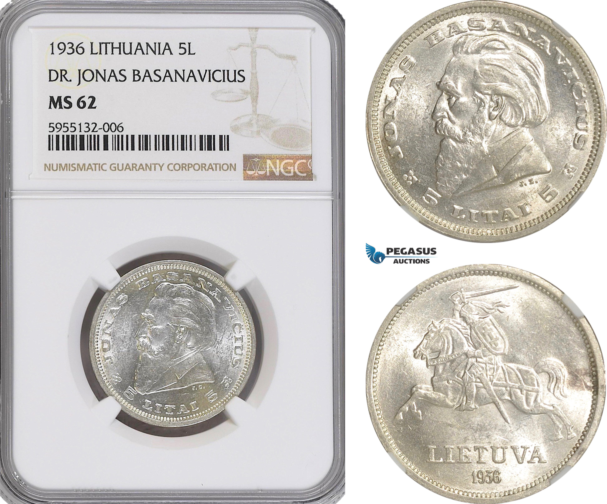 AG800, Lithuania, 5 Litai 1936, Silver "Dr. Jonas Basanavicius" NGC MS62