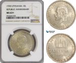 AG801, Lithuania, 10 Litu 1938, Silver, Republic Anniversary, NGC MS63+
