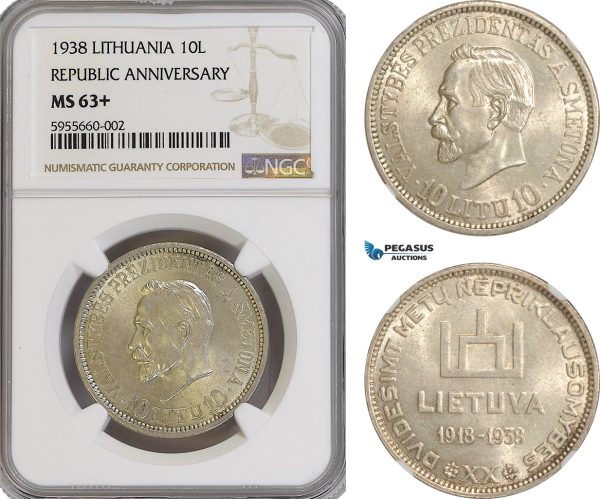AG801, Lithuania, 10 Litu 1938, Silver, Republic Anniversary, NGC MS63+