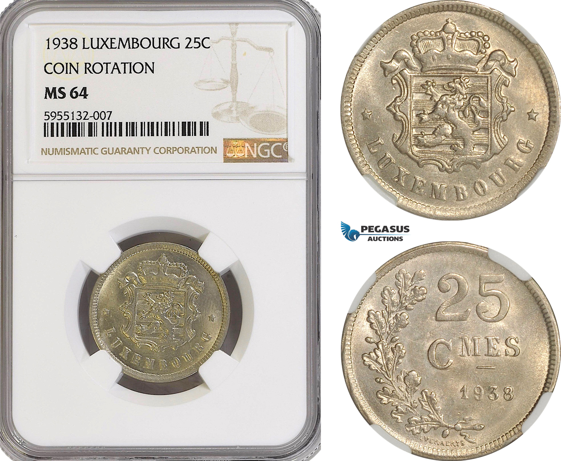 AG802, Luxembourg, 25 Centimes 1938, Coin Rotation, NGC MS64, Pop 1/1