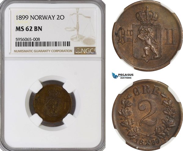 AG817, Norway, Oscar II, 2 Øre 1899, Kongsberg, NGC MS62BN