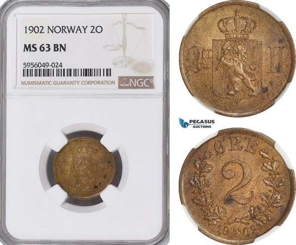 AG818, Norway, Oscar II, 2 Øre 1902, Kongsberg, NGC MS63BN