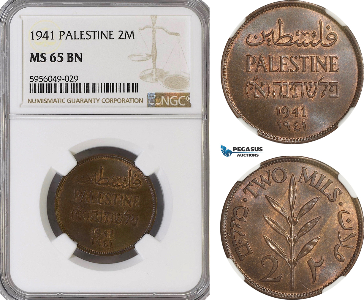 AG822, Palestine, 2 Mils 1941, London, NGC MS65BN
