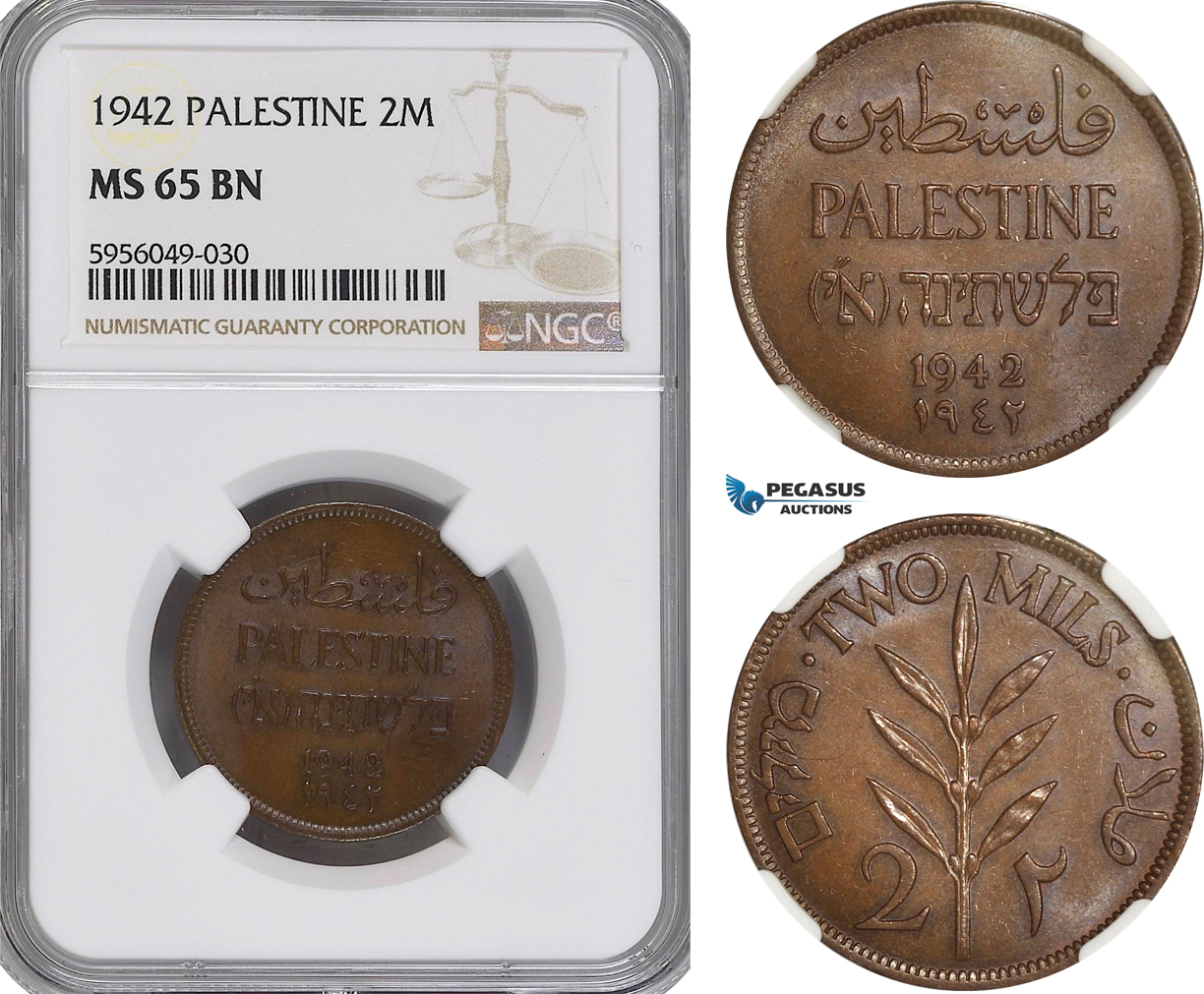 AG823, Palestine, 2 Mils 1942, London, NGC MS65BN