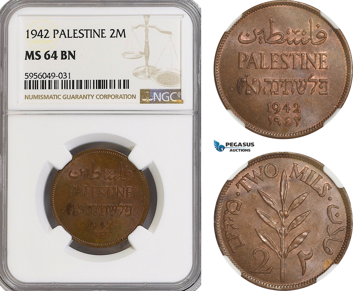 AG824, Palestine, 2 Mils 1942, London, NGC MS64BN