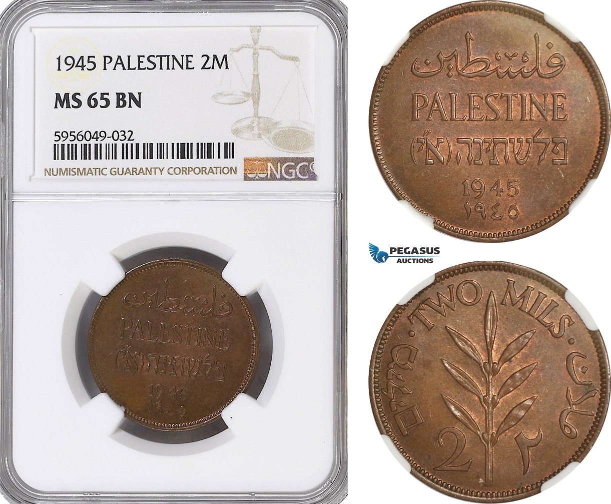 AG825, Palestine, 2 Mils 1945, London, NGC MS65BN