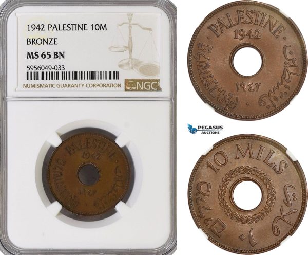 AG826, Palestine, 10 Mils 1942, Bronze, London, NGC MS65BN