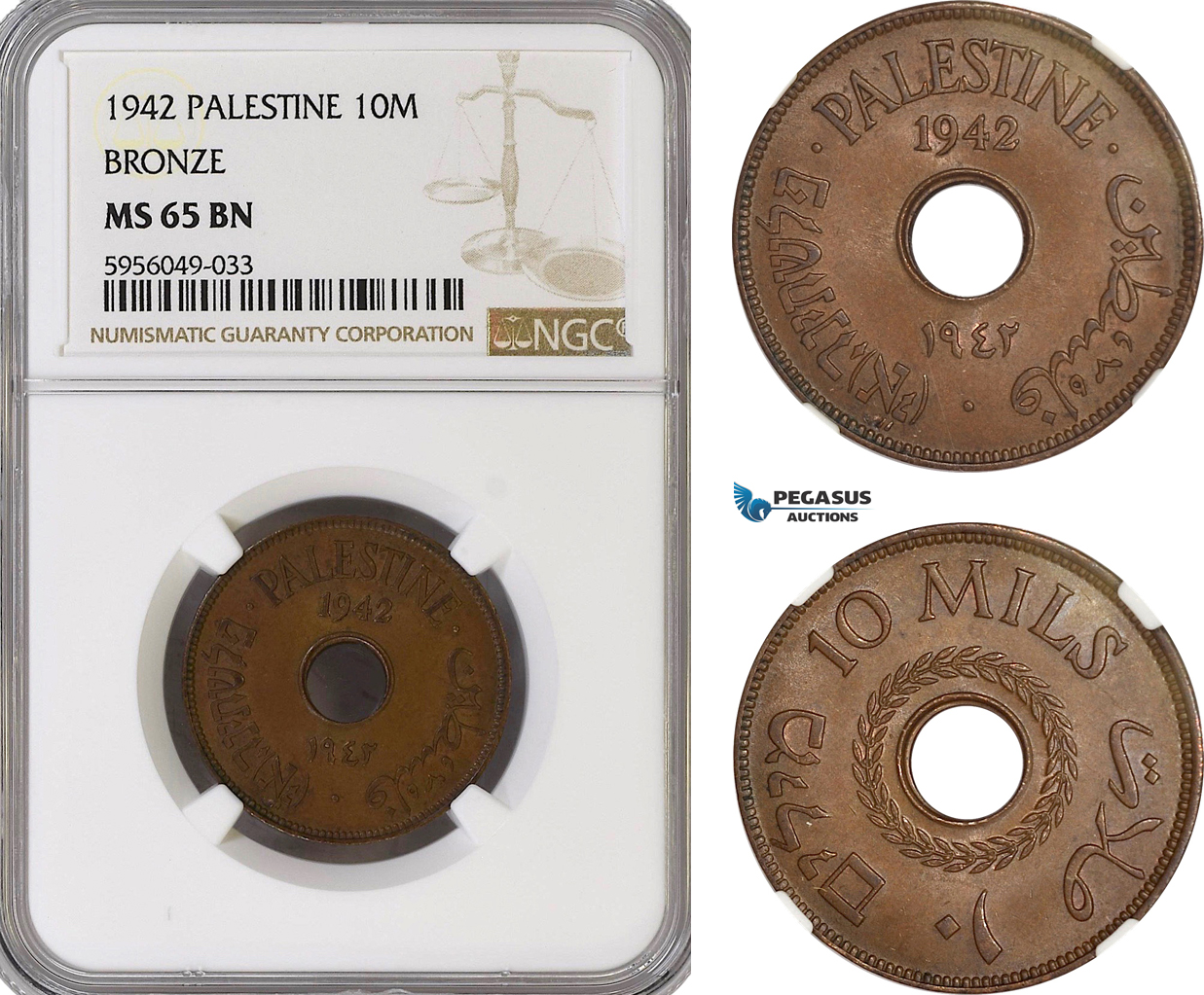 AG826, Palestine, 10 Mils 1942, Bronze, London, NGC MS65BN