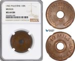 AG827, Palestine, 10 Mils 1942, Bronze, London, NGC MS64BN