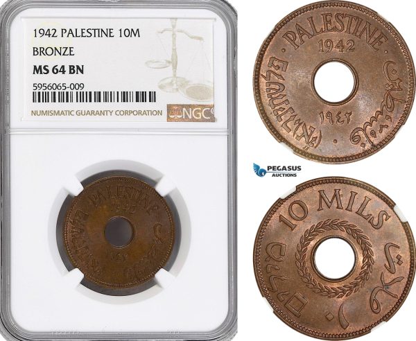 AG827, Palestine, 10 Mils 1942, Bronze, London, NGC MS64BN
