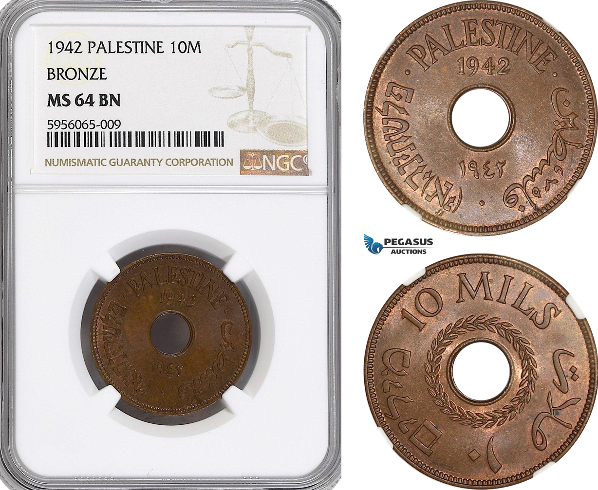AG827, Palestine, 10 Mils 1942, Bronze, London, NGC MS64BN