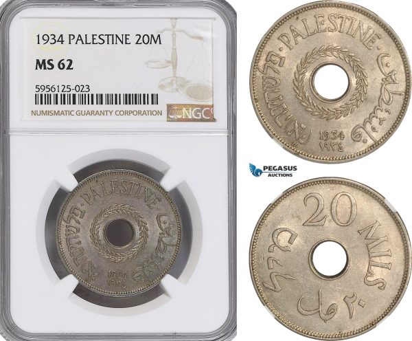 AG830, Palestine, 20 Mils 1934, London, NGC MS62, Rare!