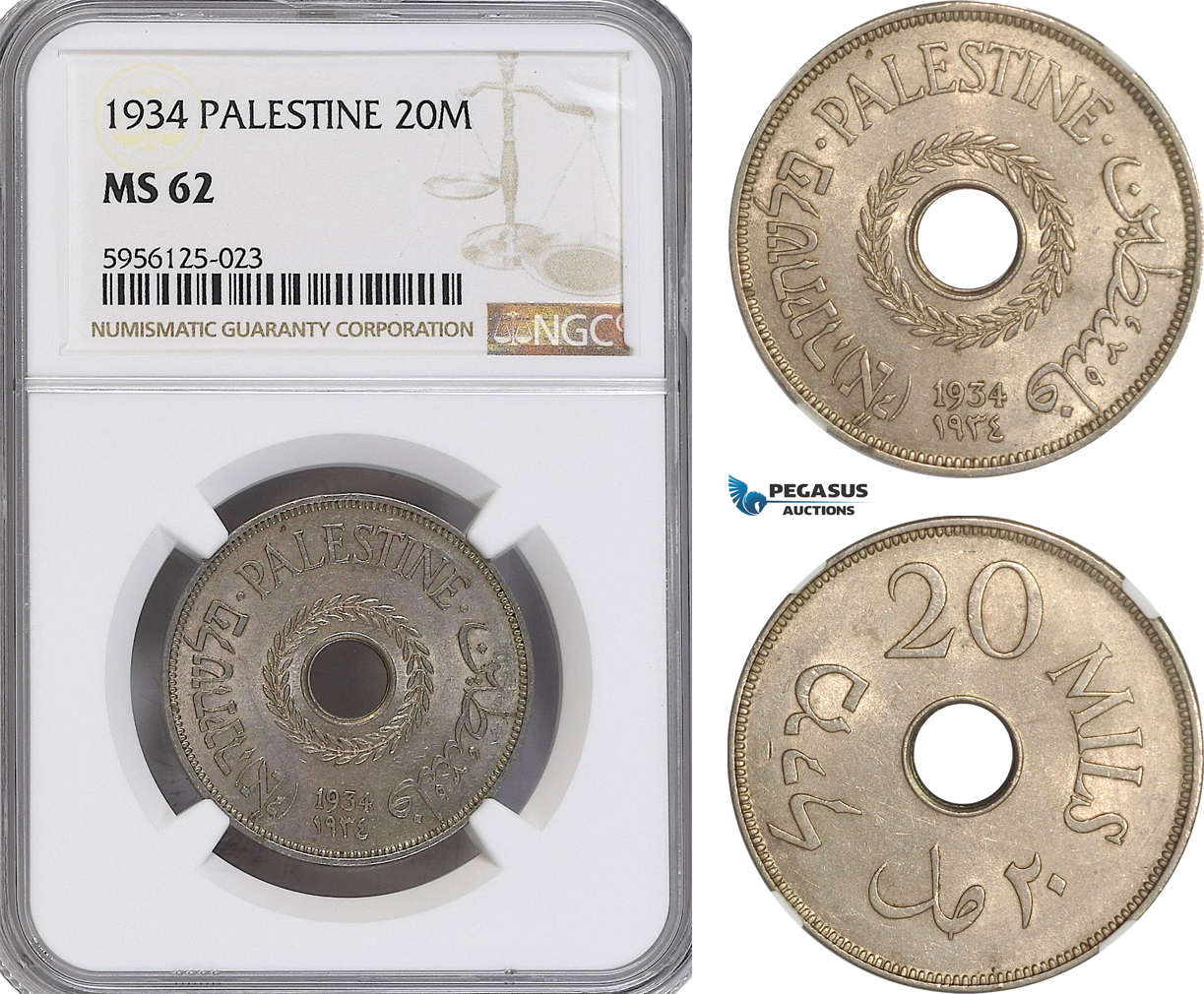 AG830, Palestine, 20 Mils 1934, London, NGC MS62, Rare!