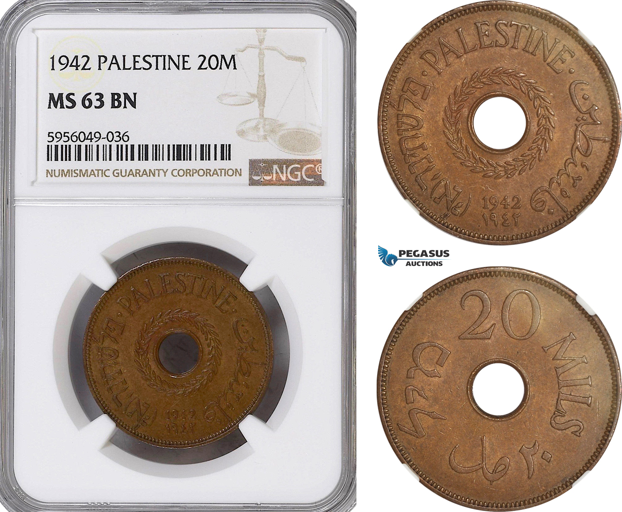 AG832, Palestine, 20 Mils 1942, London, NGC MS63BN