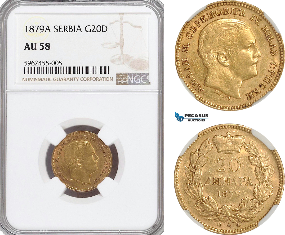 AG844, Serbia, Milan Obrenovic IV, 20 Dinara 1879-A, Paris, Gold, NGC AU58