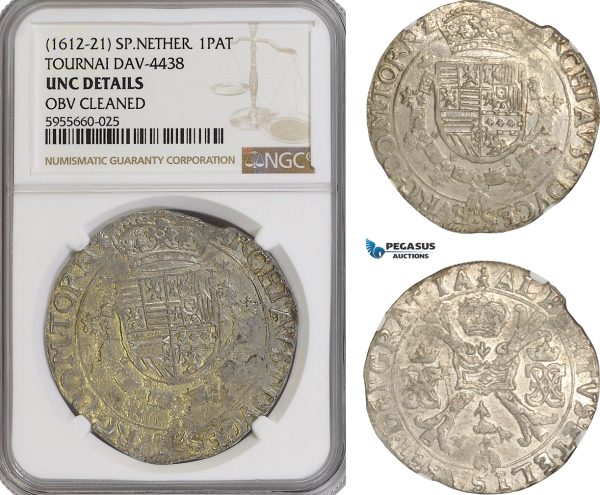 AG845, Spanish Netherlands, Tournai, Albert & Isabella, Patagon 1612-21, Silver, Dav-4438, NGC UNC Det.