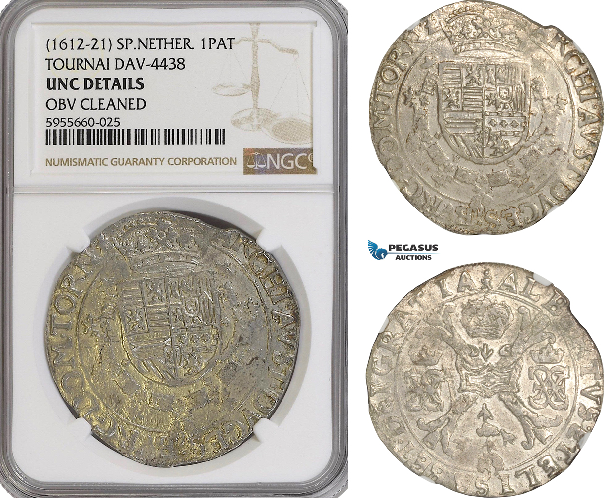 AG845, Spanish Netherlands, Tournai, Albert & Isabella, Patagon 1612-21, Silver, Dav-4438, NGC UNC Det.