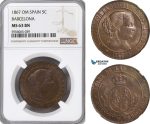 AG846, Spain, Barcelona, Isabel II, 5 Centimos 1867, NGC MS63BN