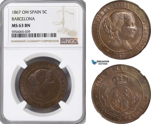 AG846, Spain, Barcelona, Isabel II, 5 Centimos 1867, NGC MS63BN