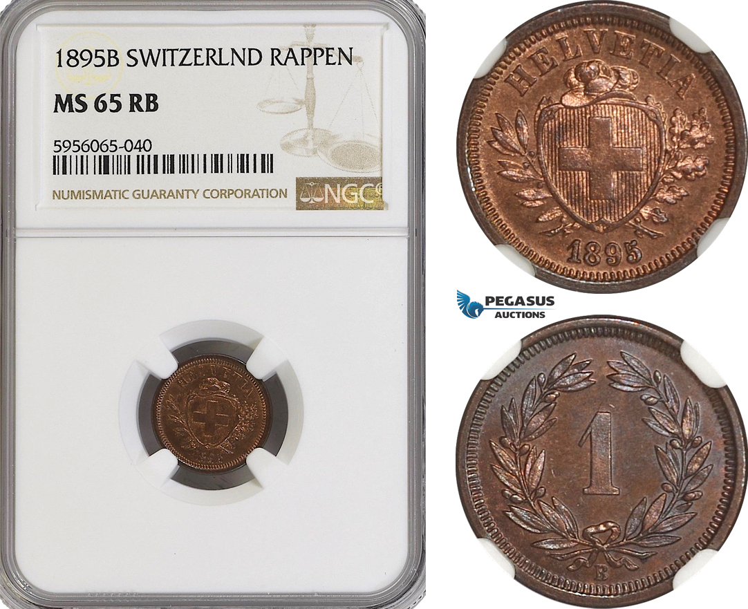 AG856, Switzerland, Rappen 1895-B, Bern, NGC MS65RB, Top Pop!