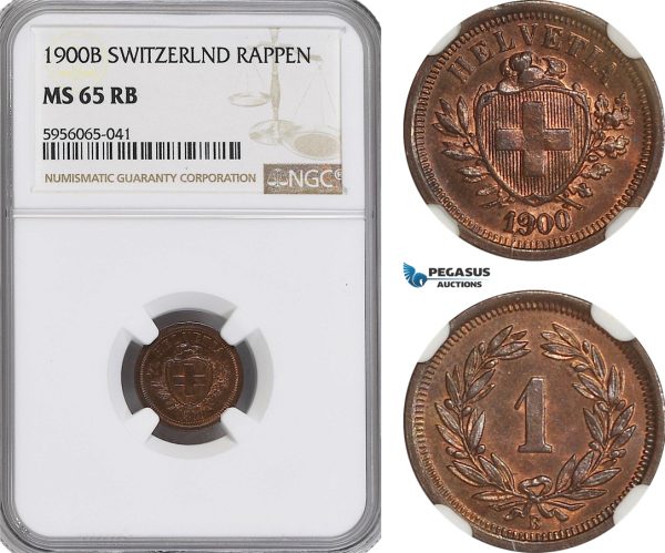 AG857, Switzerland, Rappen 1900-B, Bern, NGC MS65RB, Pop 1/0