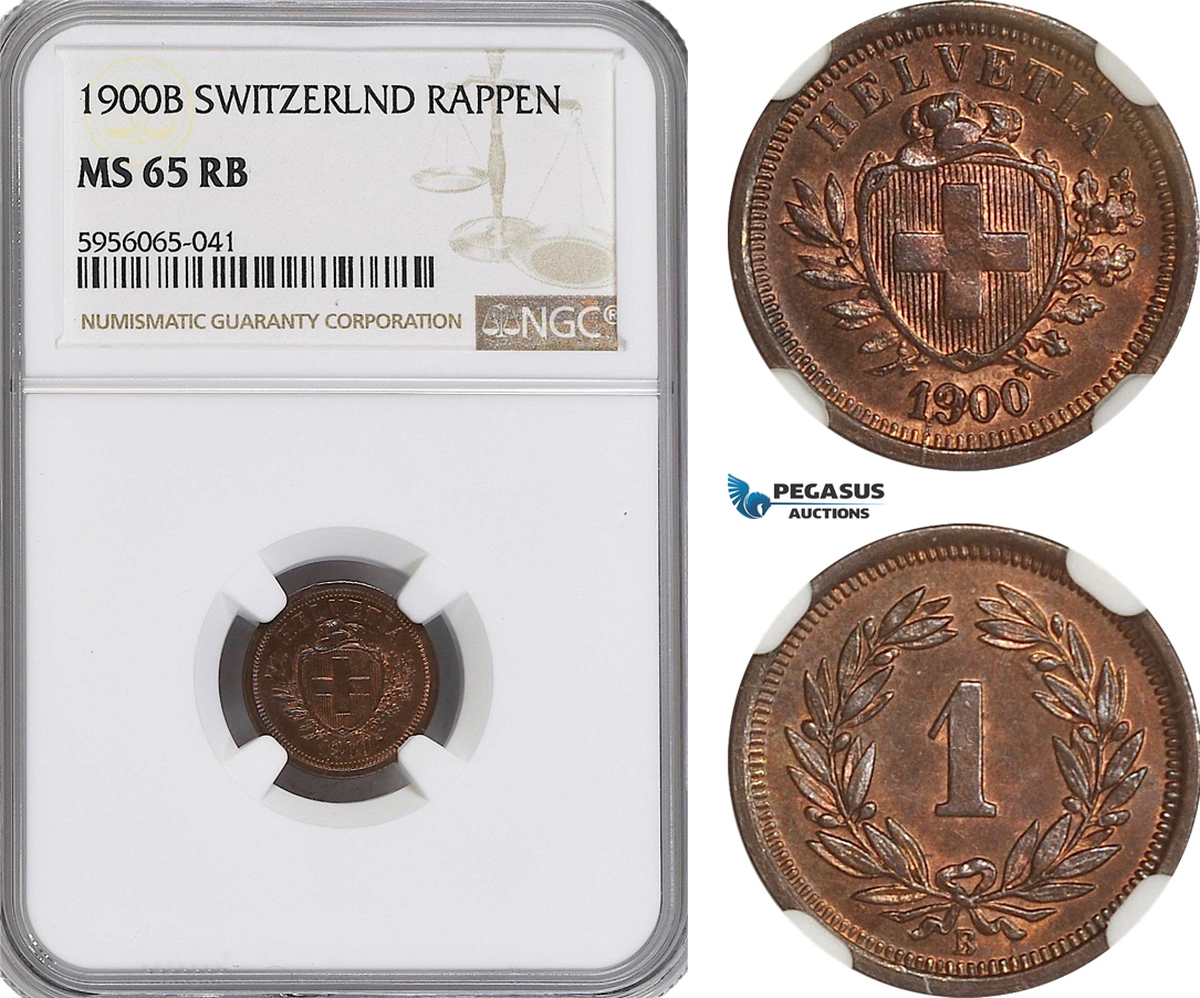 AG857, Switzerland, Rappen 1900-B, Bern, NGC MS65RB, Pop 1/0