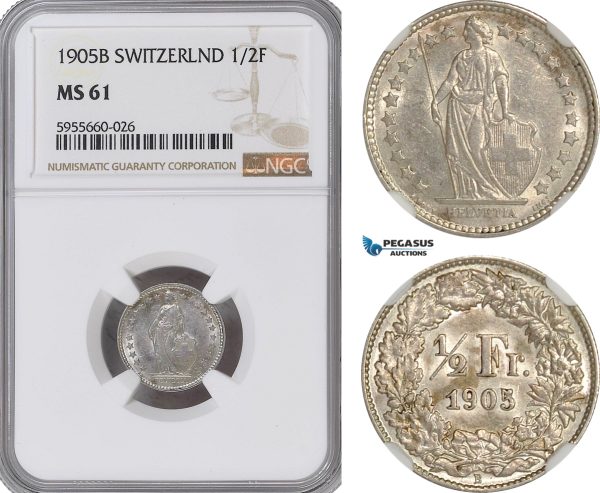 AG858, Switzerland, 1/2 Franc 1905-B, Bern, Silver, NGC MS61