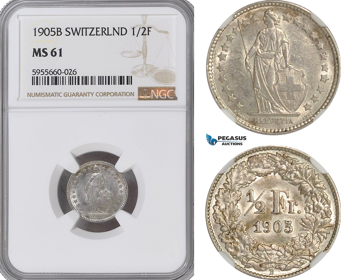 AG858, Switzerland, 1/2 Franc 1905-B, Bern, Silver, NGC MS61