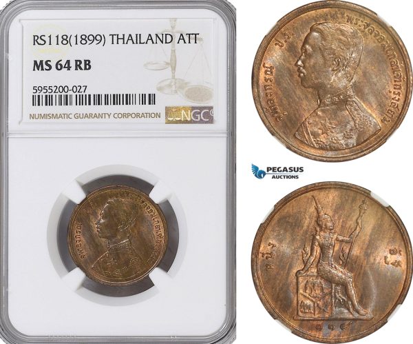 AG859, Thailand, Rama V, 1 Att RS118 (1899) NGC MS64RB