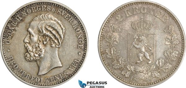 AG884 Norway, Oscar II, 2 Kroner 1888, Kongsberg mint, Silver, NM. 20, A rare date with much detail and old toning! (01) Solid EF, Rare!