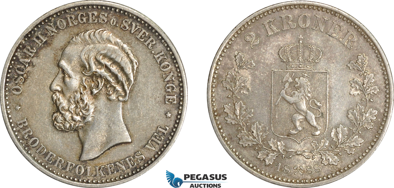AG884 Norway, Oscar II, 2 Kroner 1888, Kongsberg mint, Silver, NM. 20, A rare date with much detail and old toning! (01) Solid EF, Rare!