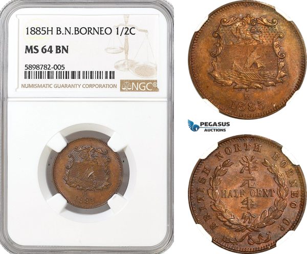 AG941, British North Borneo, 1/2 Cent 1885 H, Heaton Mint, KM# 1, NGC MS64BN