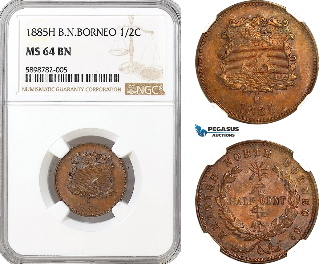 AG941, British North Borneo, 1/2 Cent 1885 H, Heaton Mint, KM# 1, NGC MS64BN