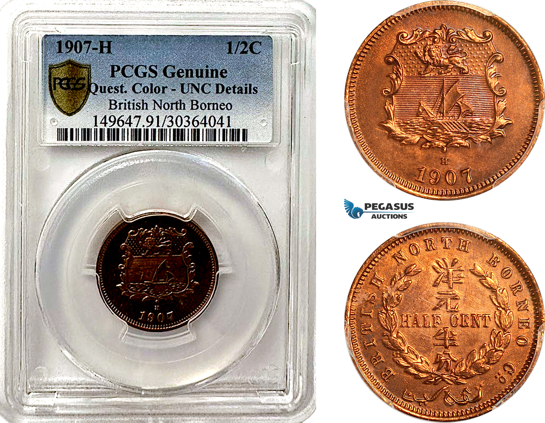 AG942, British North Borneo, 1/2 Cent 1907 H, Heaton Mint, KM# 1, PCGS UNC Details