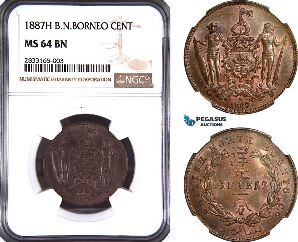 AG943, British North Borneo, 1 Cent 1887 H, Heaton Mint, KM# 2, NGC MS64BN
