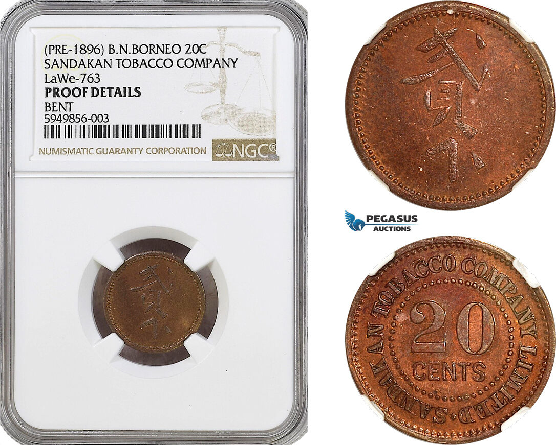 AG944, British North Borneo, 20 Cents ND, Pre 1896, Sandakan Tobacco Company, LaWe-763, NGC Proof Details