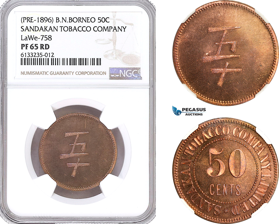 AG945, British North Borneo, 50 Cents ND, Pre 1896, Sandakan Tobacco Company, LaWe-758, NGC PF65RD