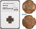 AG954, Crete, George I. of Greece, 1 Lepton 1901 A, Paris Mint, KM# 1, NGC MS64BN