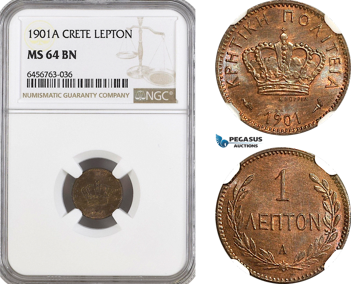 AG954, Crete, George I. of Greece, 1 Lepton 1901 A, Paris Mint, KM# 1, NGC MS64BN