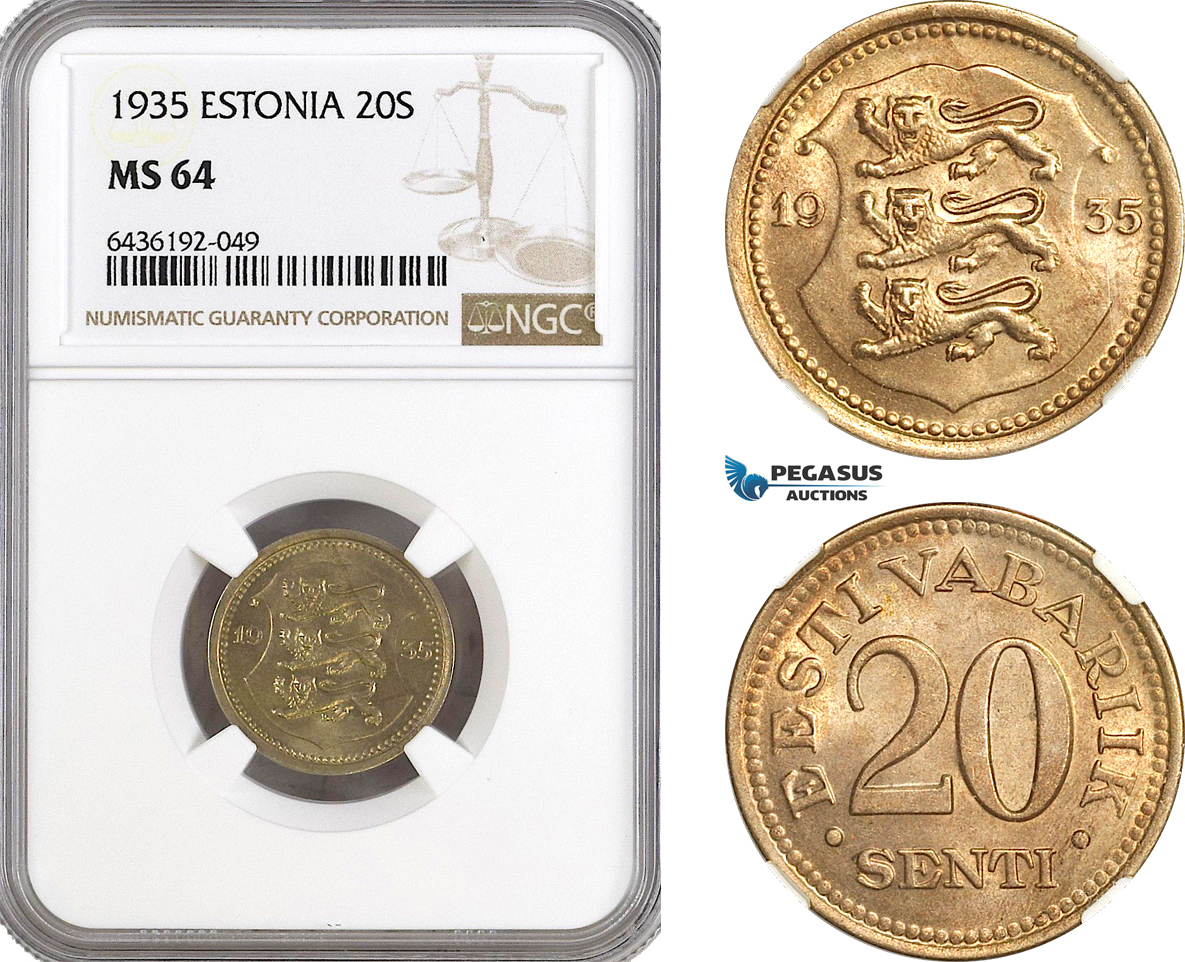 AG958, Estonia, 20 Senti 1935, KM# 17, NGC MS64