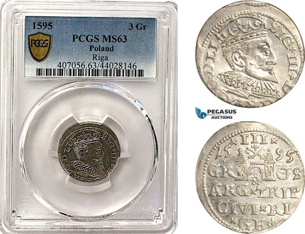 AG971, Latvia, Sigismund III. of Poland, 3 Groschen (Trojak) 1595, Riga Mint, Silver, PCGS MS63
