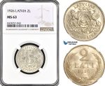 AG973, Latvia, 2 Lati 1926, London Mint, Silver, KM# 8, NGC MS63