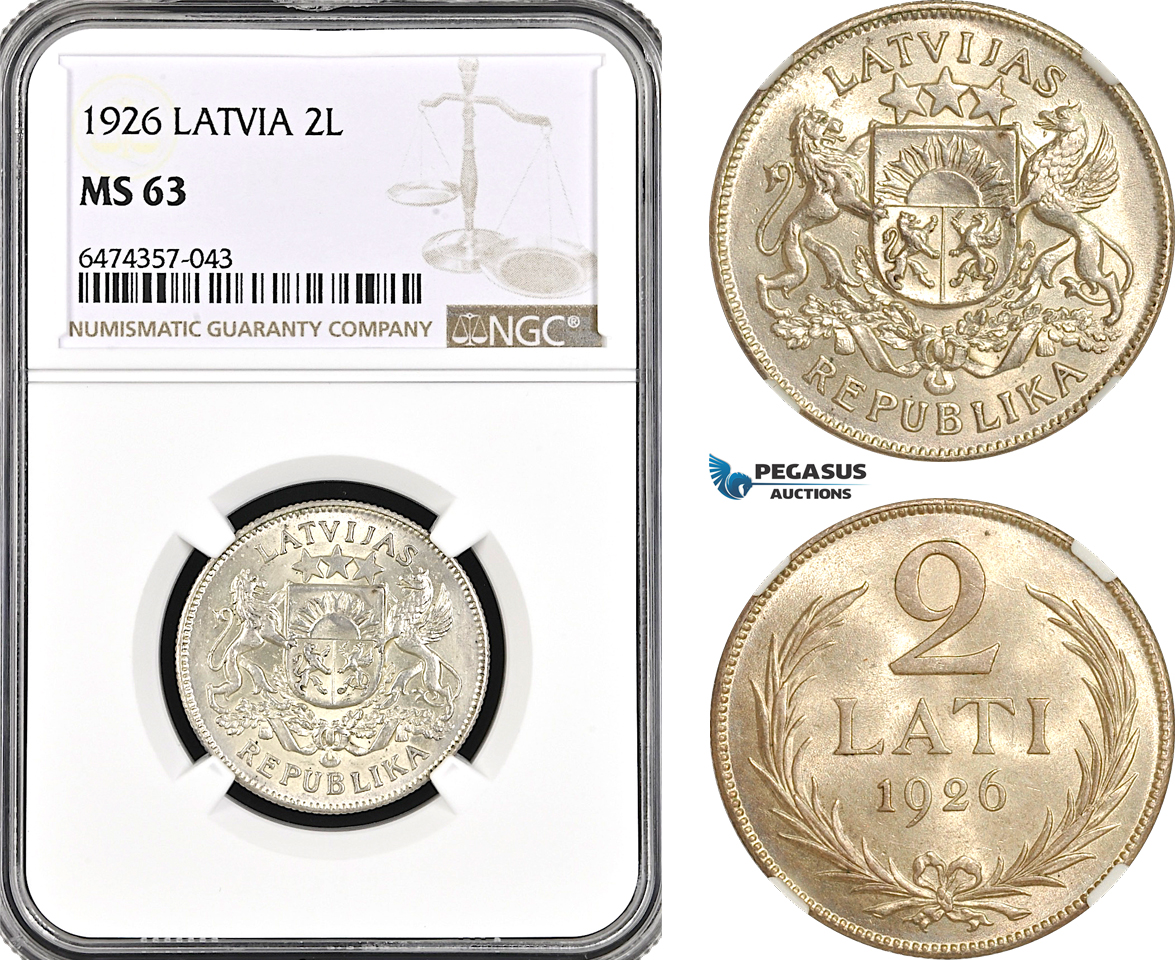 AG973, Latvia, 2 Lati 1926, London Mint, Silver, KM# 8, NGC MS63